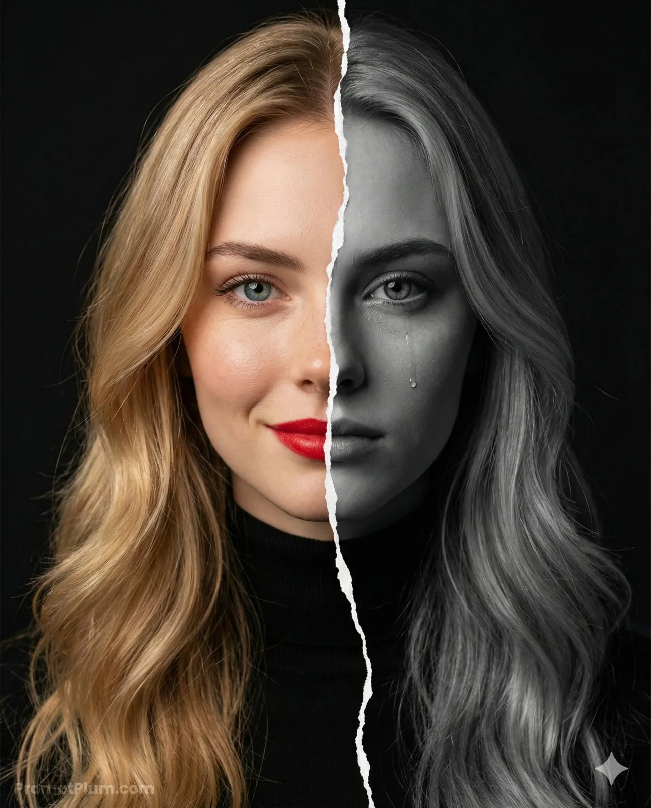 Behind the Smile, Cinematic AI artwork, made with Gemini