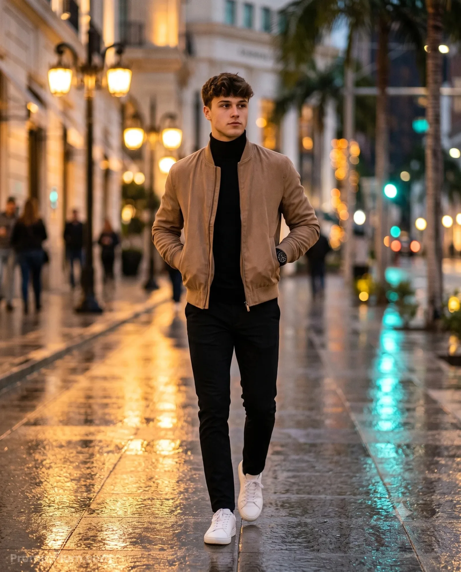 Stylish Man Walking on City Night, Men's Style AI artwork, made with Gemini