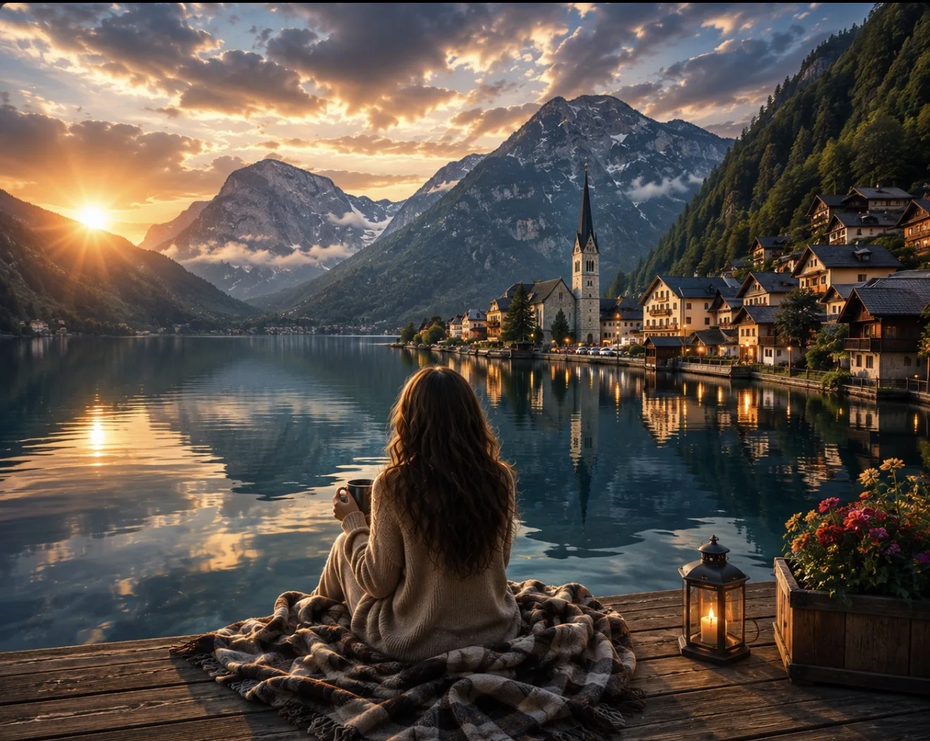 Cozy Alpine Village Sunset, Nature AI artwork, made with Midjourney