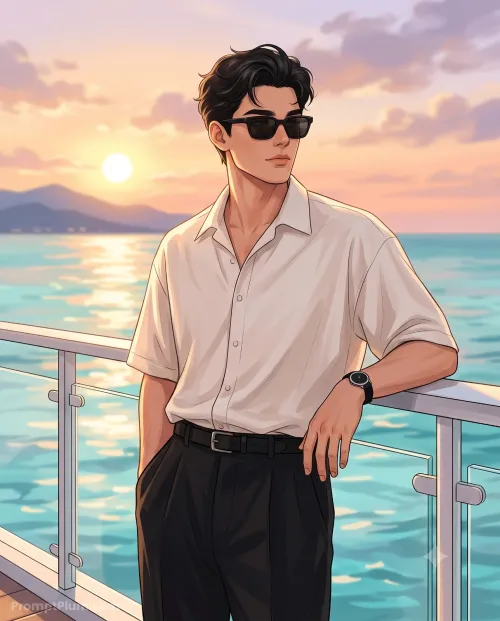 Golden Hour on the Deck, Anime AI artwork, made with Gemini