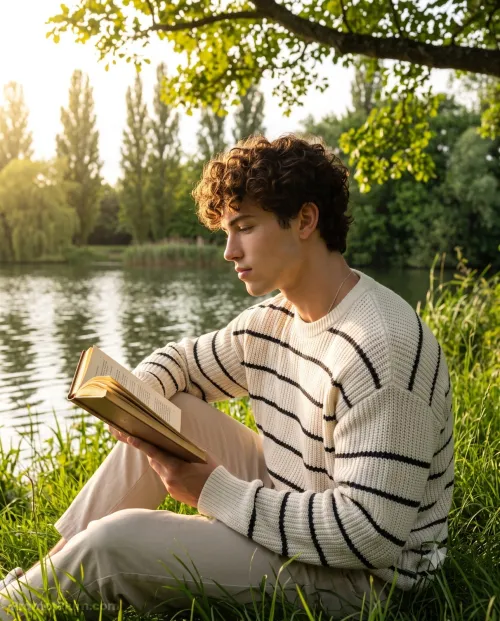 Reading Under a Tree by the Water, Nature AI artwork, made with Gemini