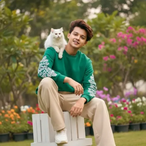 boy sholder White cat, Fantasy AI artwork, made with Midjourney