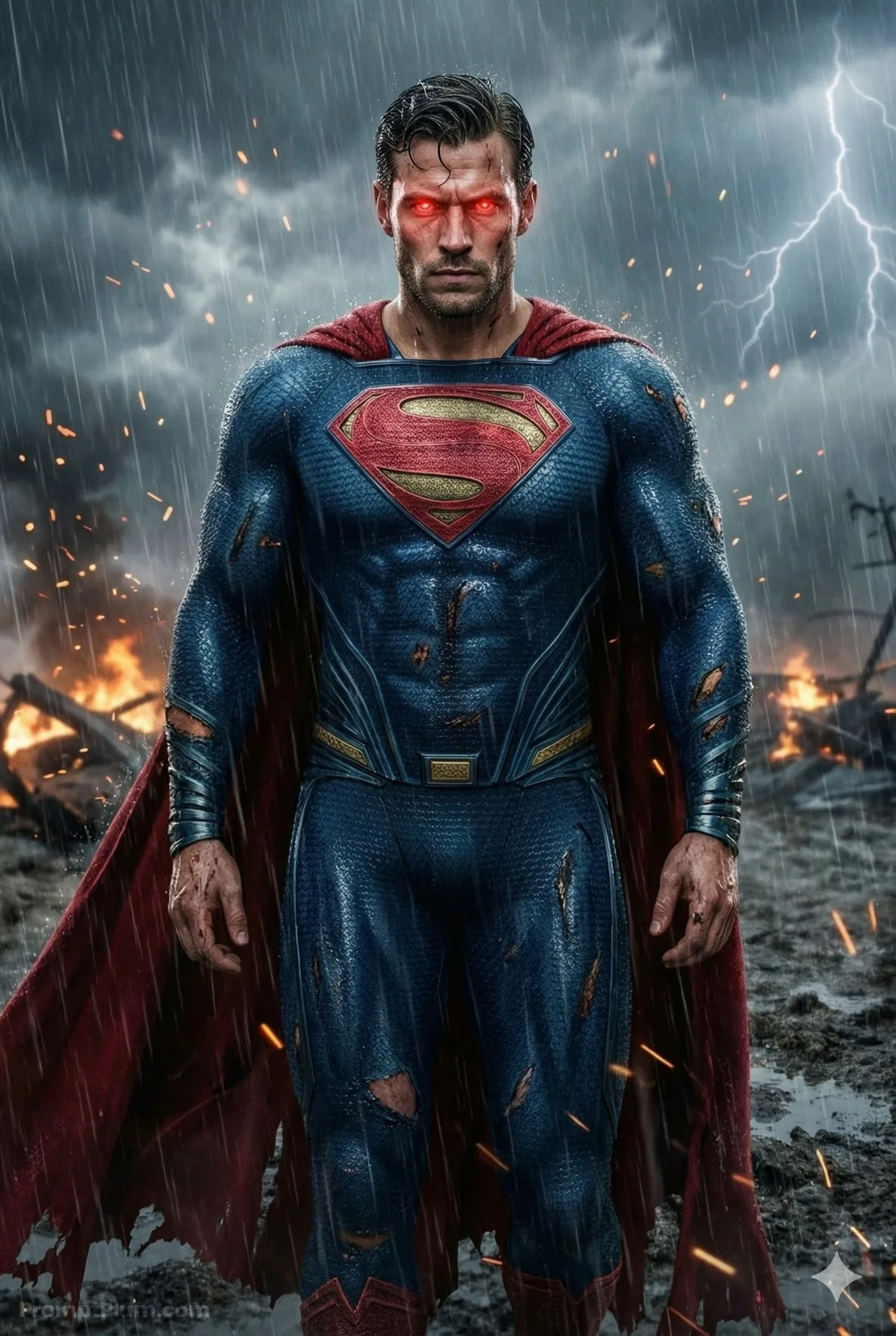 Battle-worn Superman, Fantasy AI artwork, made with Gemini