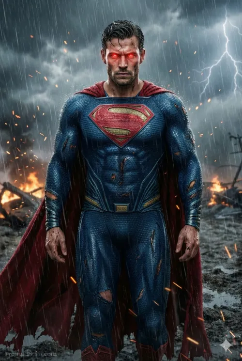 Battle-worn Superman, Fantasy AI artwork, made with Gemini