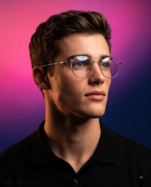 Editorial Style Male Portrait with Glasses, Men's Style AI artwork, made with Gemini