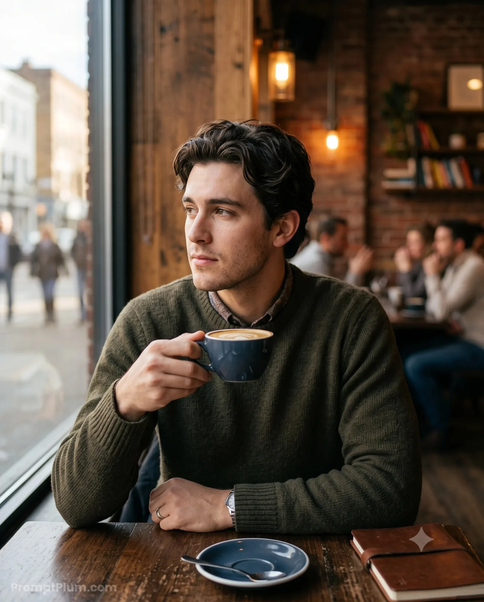 Morning Coffee in a Warm Cafe, Men's Style AI artwork, made with Gemini