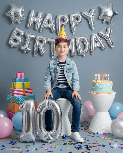 Birthday Boy with Cake and Gifts, Wallpaper AI artwork, made with Gemini