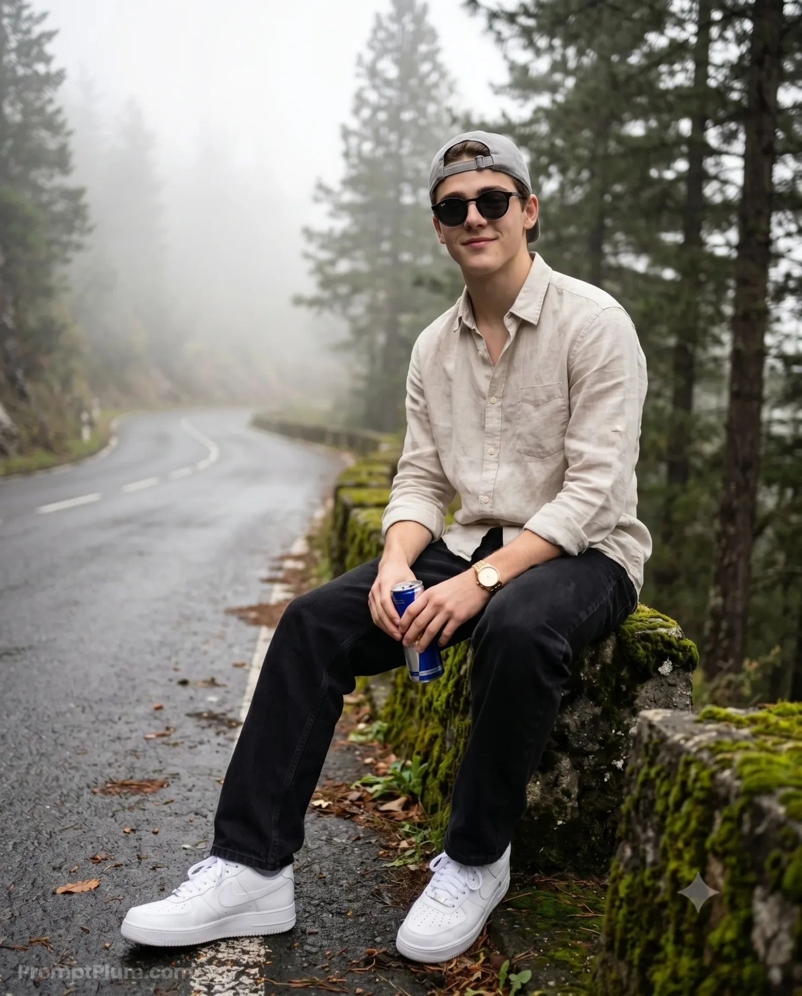 Misty Mountain Pit Stop, Men's Style AI artwork, made with Gemini