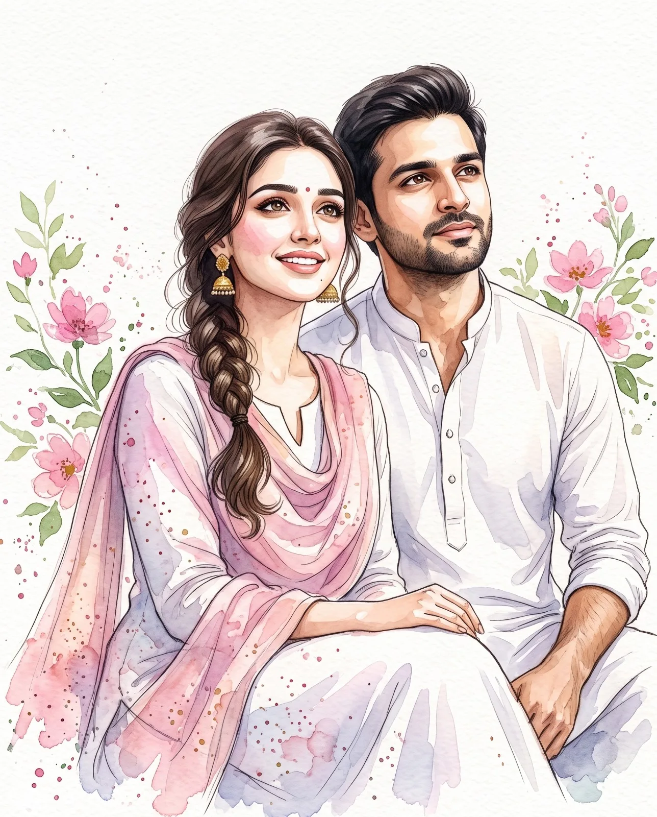 Traditional Indian Couple Watercolor Art, Couple AI artwork, made with Gemini