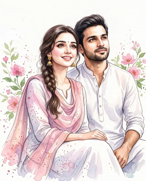 Traditional Indian Couple Watercolor Art, Couple AI artwork, made with Gemini