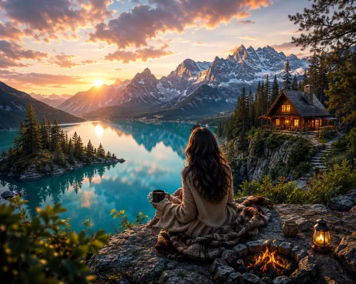 Alpine Lake Sunset Escape, Nature AI artwork, made with Midjourney
