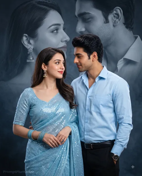 Elegant Couple in Blue Outfit – Double Exposure Portrait, Couple AI artwork, made with Gemini