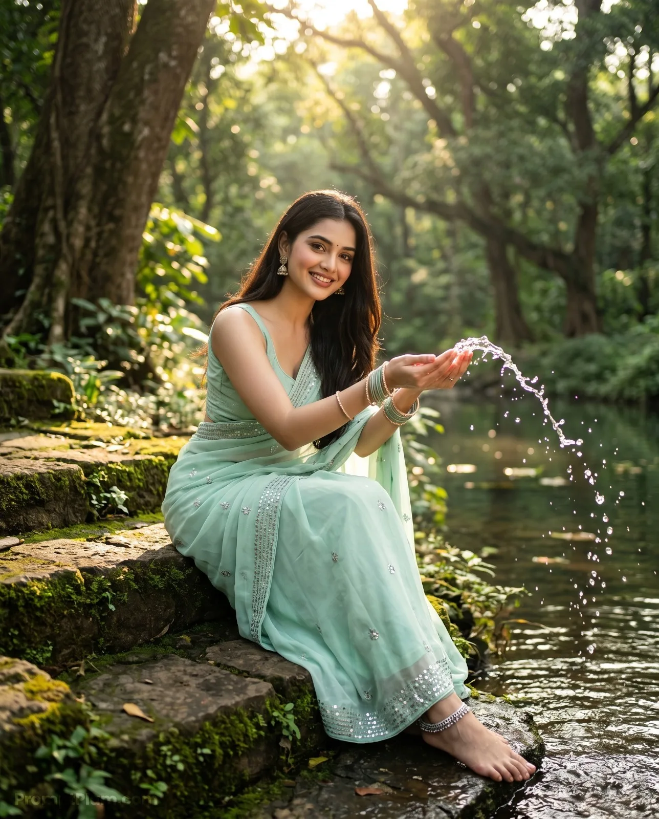 Playful Splashes in the Tranquil Forest, Nature AI artwork, made with Gemini