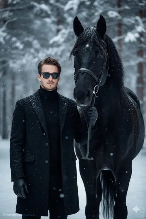 Stylish man holds horse, Men's Style AI artwork, made with Gemini