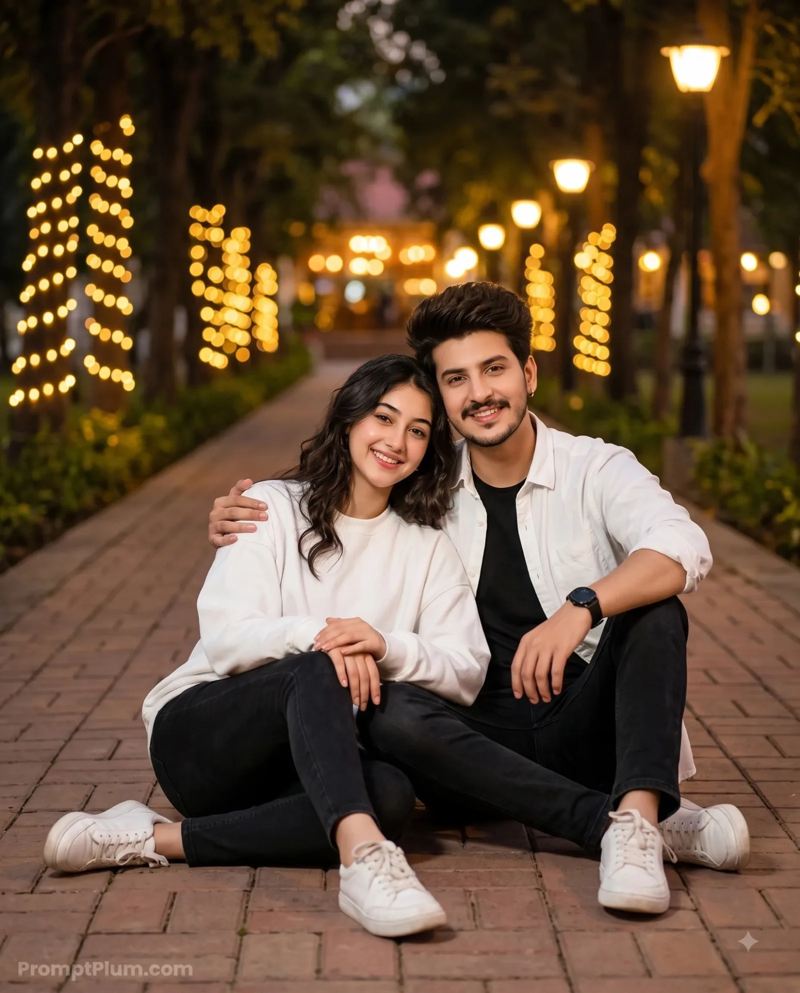 Young Couple Sitting Under String Lights at Dusk, Couple AI artwork, made with Gemini