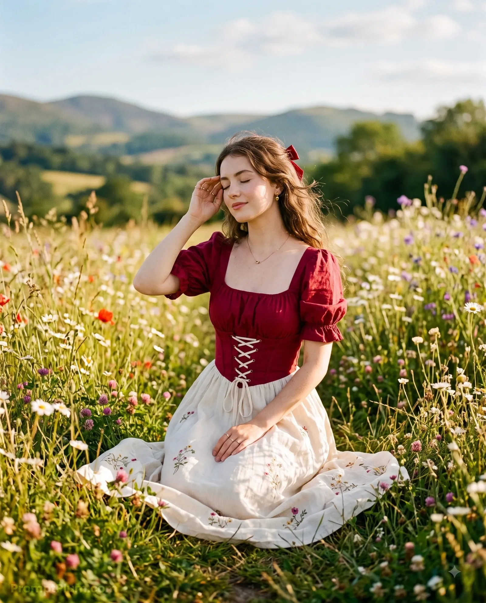 Cottagecore Girl Wildflower Field, Nature AI artwork, made with Gemini