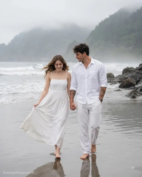 Romantic Couple Walking on Beach, Couple AI artwork, made with Gemini