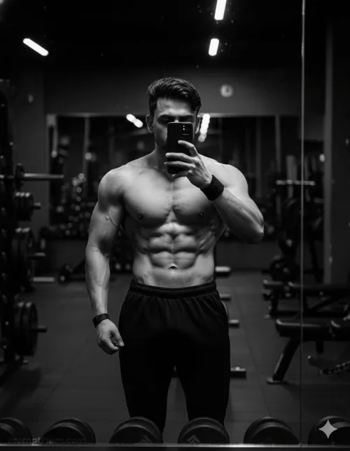 Muscular man takes selfie, Men's Style AI artwork, made with Gemini