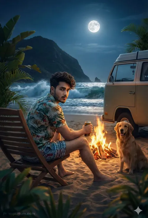 Night beach campfire, Nature AI artwork, made with Gemini