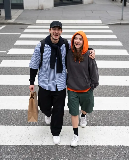 Joyful Crosswalk Stroll, Couple AI artwork, made with Gemini