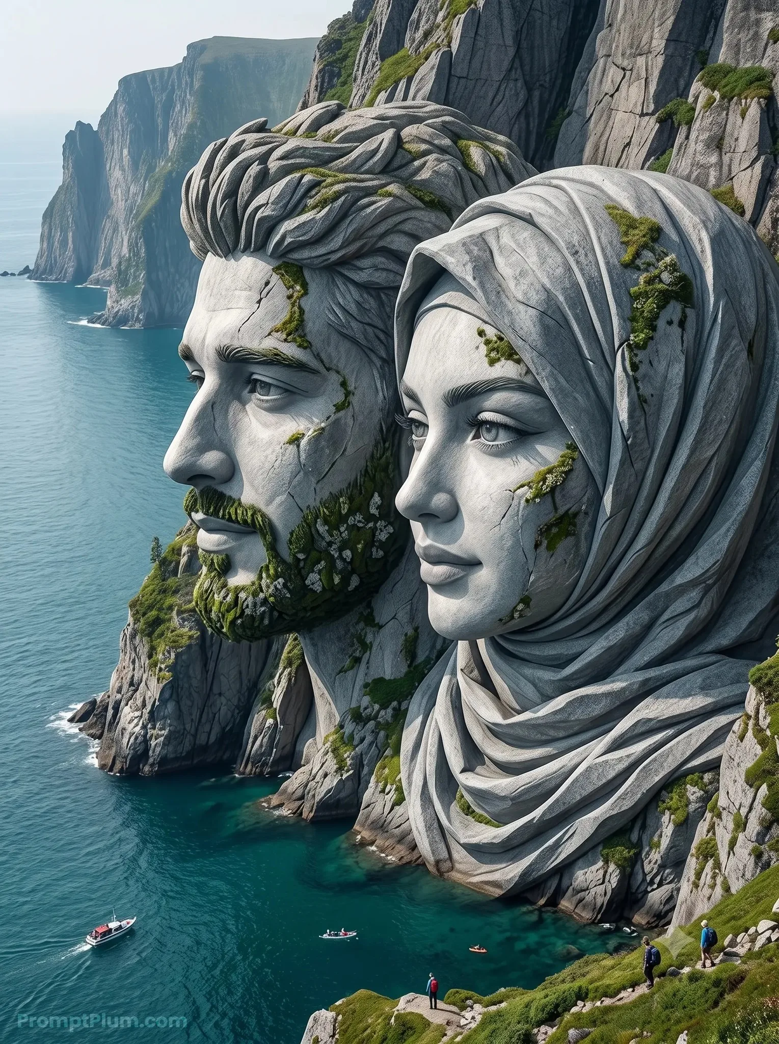 Cliffside Couple Sculpture AI Prompt, Fantasy AI artwork, made with Gemini