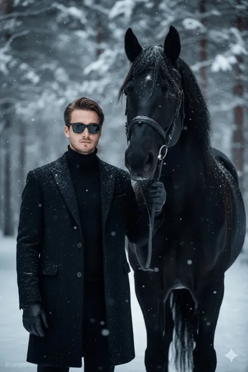 Stylish man holds horse, Adventure AI artwork, made with Midjourney