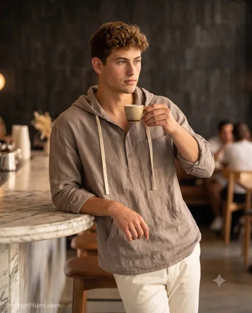 Young Man Cafe Lifestyle Coffee Portrait, Men's Style AI artwork, made with Gemini