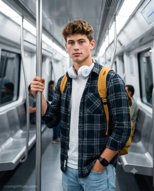 Young Man Commuting on a Modern Subway Train, Portrait AI artwork, made with Gemini